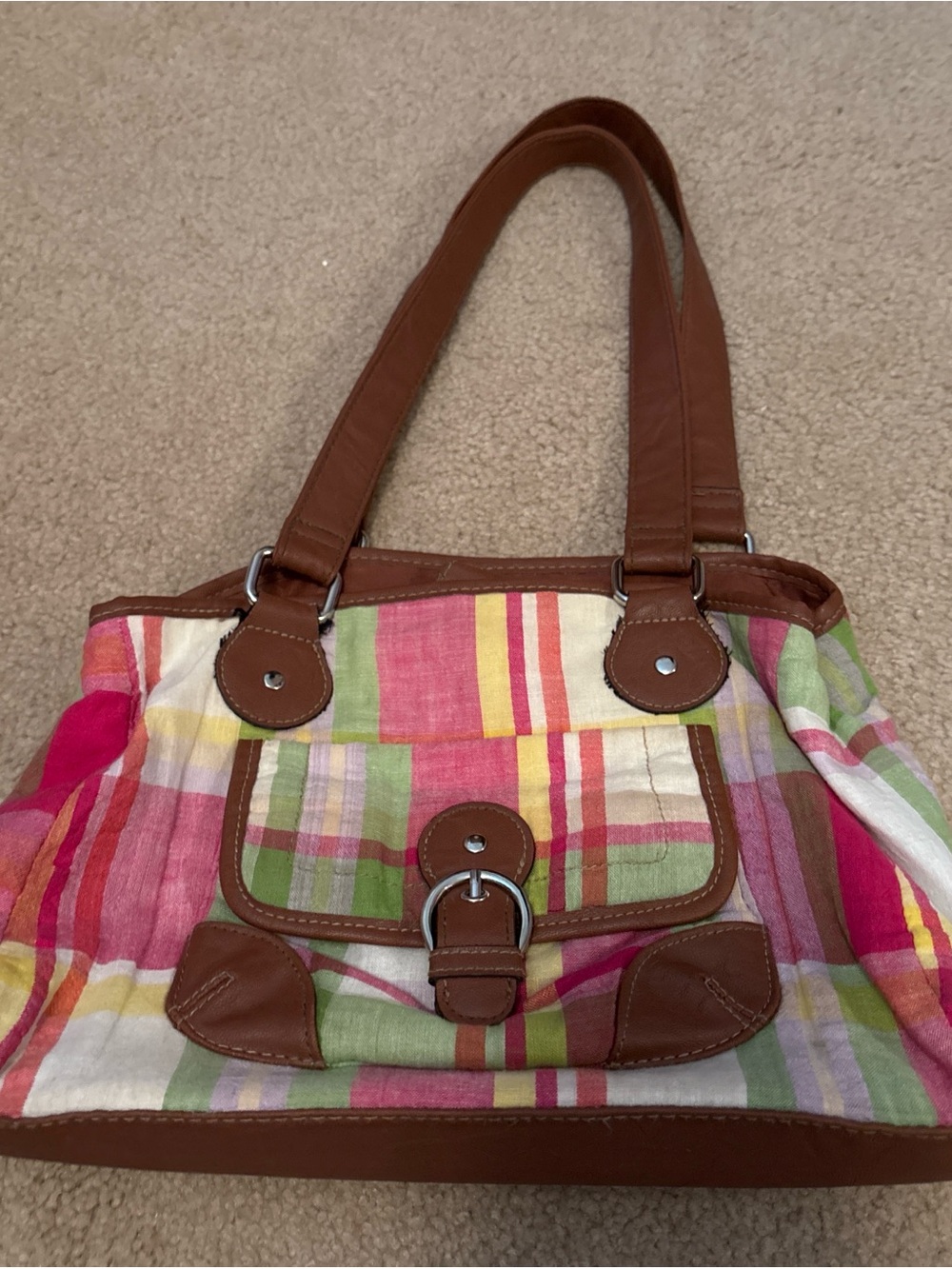 Brown Leather-Trim Multi-Color Plaid Tote Bag